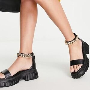 Black Chunky Sandals with Gold Chain Detail